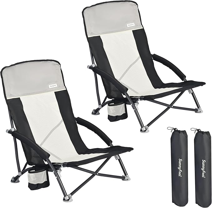 SUNNYFEEL Folding Low Camping Beach Chair 2 Pack, Lightweight Portable Lawn Chair with Mesh Back, Cup Holder for Outdoor/T...