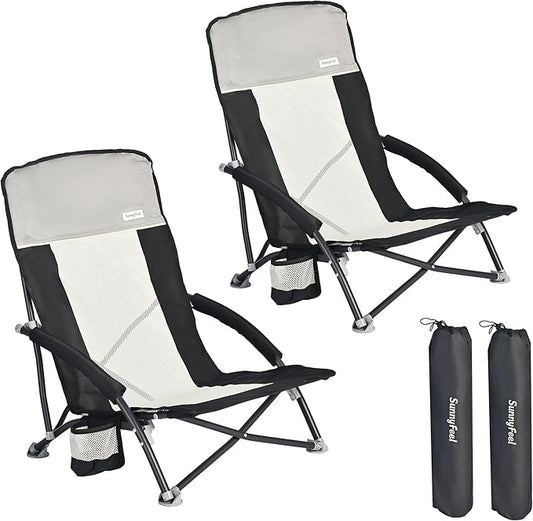 SUNNYFEEL Folding Low Camping Beach Chair 2 Pack, Lightweight Portable Lawn Chair with Mesh Back, Cup Holder for Outdoor/T...