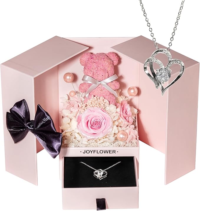 JoyFlower Preserved Flowers Bear with Necklace Gifts for Girlfriend, Unique Pearl Rose Bear Necklace Birthday Gifts for Mo...