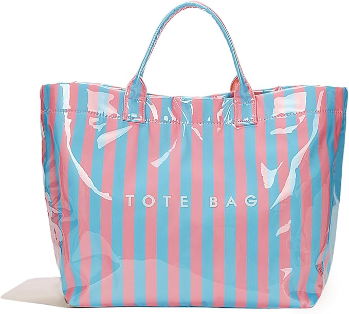 Lushandy Striped PVC Tote Bag for Women, Waterproof Plastic Tote Bag for Beach Pool Large Top Handle Travel Hobo Handbag