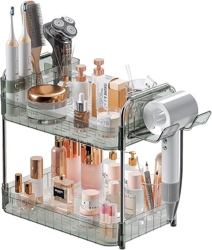 AmzAge Bathroom Counter Organizer, 2 Tier Makeup Skincare Storage Tray with Hair Dryer Holder and Toothbrush Rack, Perfume...
