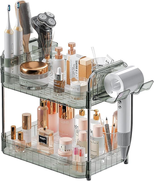 AmzAge Bathroom Counter Organizer, 2 Tier Makeup Skincare Storage Tray with Hair Dryer Holder and Toothbrush Rack, Perfume...