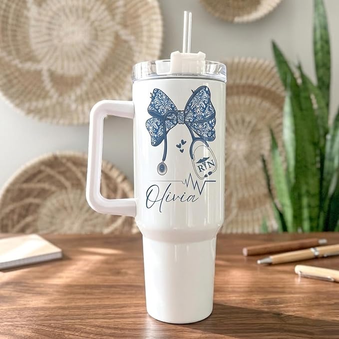 Personalized Nurse Bow Tumbler, Custom Name Nurse Tumbler with Floral Stethoscope, Nursing Student Gift, Nursing Appreciat...
