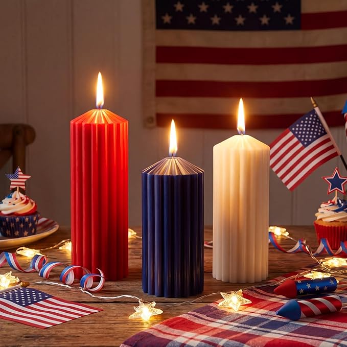 MTLEE Set of 3 Red White Blue Ribbed Pillar Candles 4th of July Ribbed Candles Set 5.91'' 6.89'' 7.87'' Wax Unscented Pill...