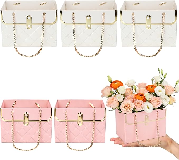 6 PCS Flower Paper Gift Box, Pink White Bouquet Storage Bucket Handbag with Metal Chain Floral Craft Wrap Bag Flower Bags ...