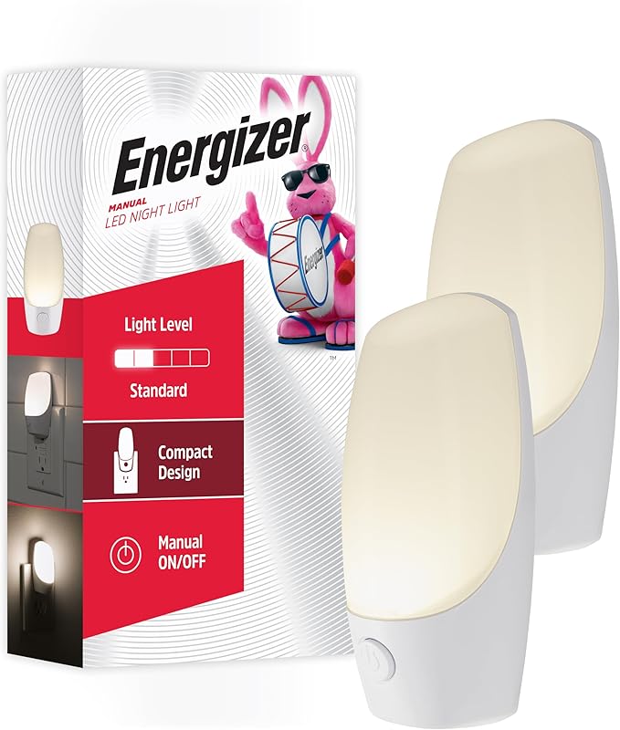 Energizer Manual On/Off LED Night Light Plug-in, Push Button, Compact, Contemporary, for Bedroom, Livingroom, Hallway, Bat...