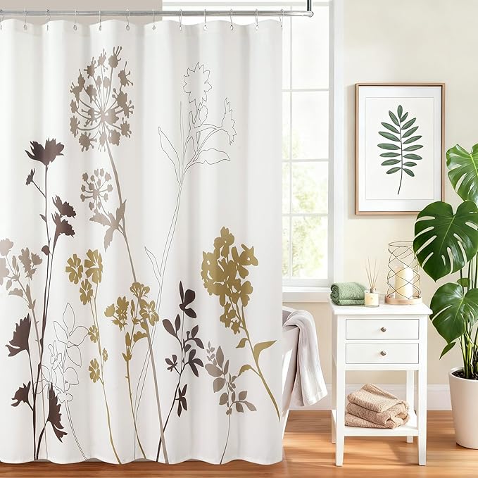 DS BATH Floral Fabric Shower Curtains for Bathroom, Cream Beige Brown Tan Flower Shower Curtain, Waterproof Washable Decor...