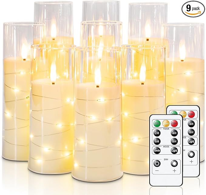 Raycare Flameless Candle with Remote Timer – 9 Flickering Acrylic Battery Operated LED Pillar Candles with Embedded Star S...