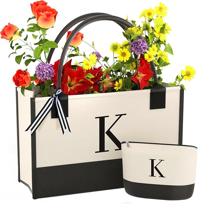 OATALY Monogrammed Canvas Tote Bag with Zipper Pockets - Ideal Gift for Mom, Teacher, Sister