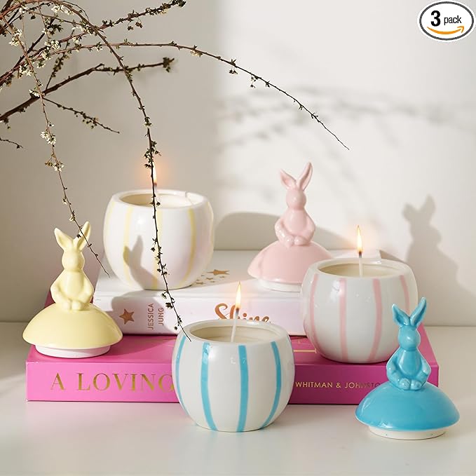 DN DECONATION 3-Pack Easter Bunny Ceramic Jar Scented Candles, Egg Shaped Soy Wax Candles with Rabbit Lid, Spring Home Dec...