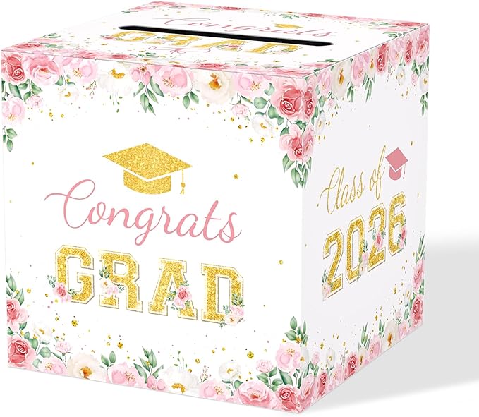 JCTHKUKU Floral Graduation Card Box 2026, Pink Flower Congrats Grad Card Holder Box, Graduation Party Money and Gift Card ...