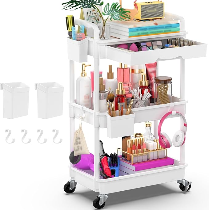 Goovilla 3 Tier Rolling Utility Cart Organizer with Removable Drawer, Stable and Sturdy White Rolling Storage Carts with 2...
