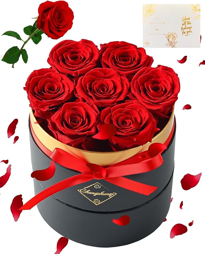 Changshunqi Forever Flowers Preserved Roses in a Box - 7 Preserved Flowers in a Box Last 2-3 Years, Rose Forever Birthday ...