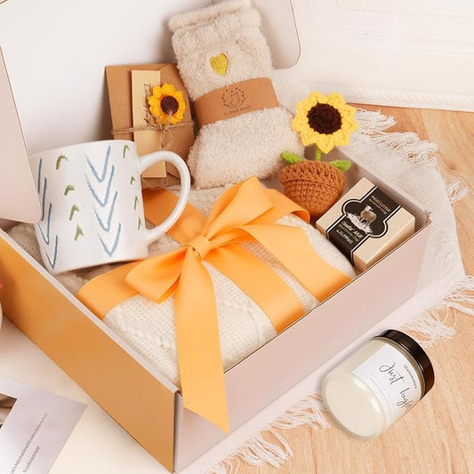 Gift Basket for Women,Birthday gifs, Blanket Set, Candles for Women, Get Well Soon Gifts, Sunflower Gift, Thanksgiving Gif...