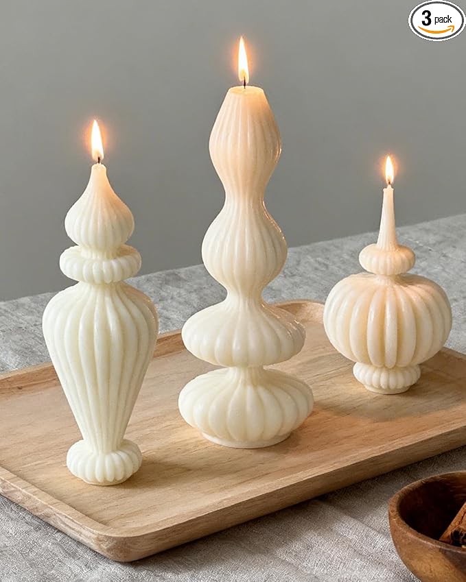 Ribbed Pillar Candles Set of 3，Modern Aesthetic Decorative Candle Set Cute Soy Wax Scented Ribbed Decor for Home Bathroom ...