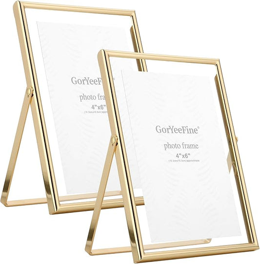 Gold 5x7" Floating Frame 2pack for Photo Sizes(3.5x5'',4x6'')for Adjustable Tabletop/Shelf Photo Frame,4x6'' Classy Gift f...
