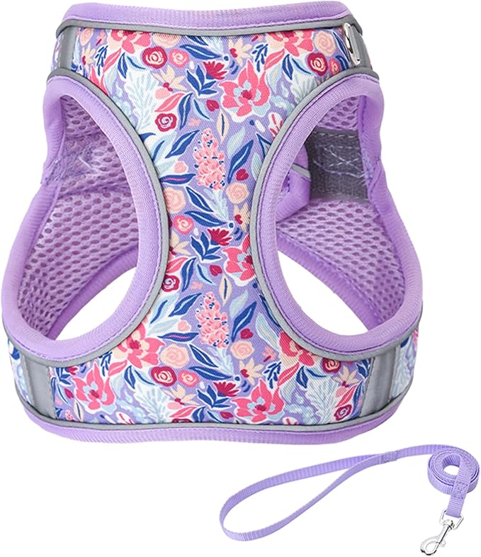 JUFOO M Light Purple Flower Pattern Dog Harness and Leash Set,No Escape Puppy Harnesses for Training Walking，Breathable Ad...