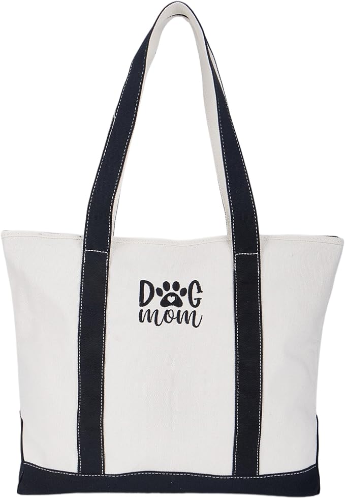 GOPHIE DOG MOM Embroidered Canvas Tote Bag - Large Dog Lover Gift for Women,Zippered Dog Tote Bag for Supplies
