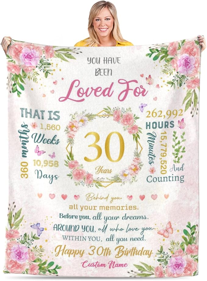 30th Personalized Birthday Blanket for Women Floral Wreath 30 Year Old Custom Name Blanket Gifts for Her Mom Daughter Wife...