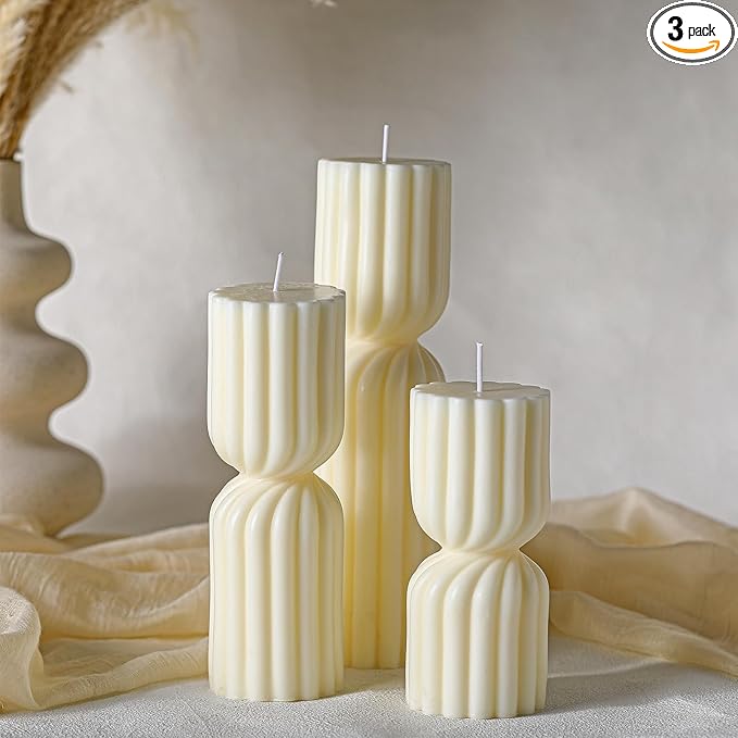 Conelist Ribbed Pillar Candles Set of 3 Width 2.4" High 5.5" 7" 9" Handmade Scented Soy Wax Candle Natural Aesthetic Candl...