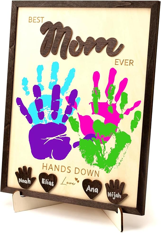 Personalized Best Mom Ever Handprint Gifts, Wooden Keepsake Sign with Kids Handprint Art, Custom Ink Name, DIY Craft Kit f...