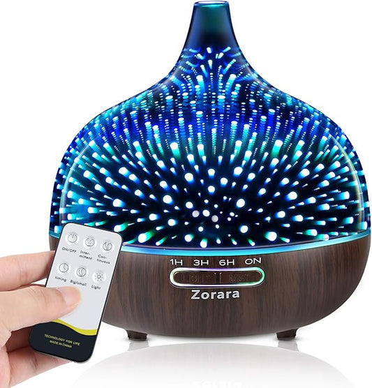 Essential Oil Diffuser 550ml Cool Mist Humidifier 3D Glass Ultrasonic Aromatherapy Humidifier with 7 Color Changing Led Li...
