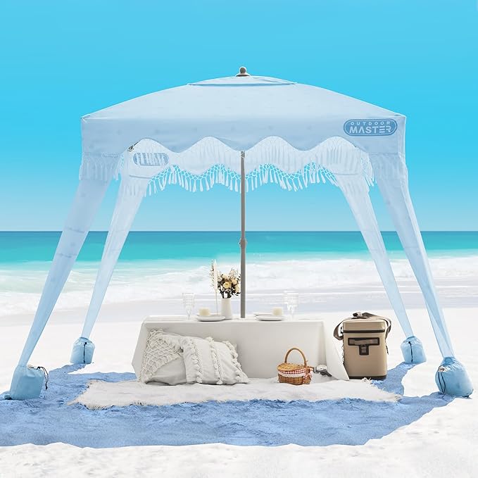 OutdoorMaster Beach Cabana with Fringes, Portable 6' x 6' Beach Canopy for Sand, Easy Set Up Beach Shelter, Included Side ...