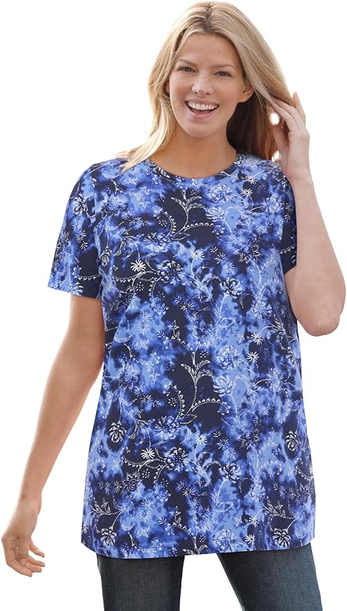 Woman Within Plus Size Perfect Printed Short-Sleeve Crewneck Tee