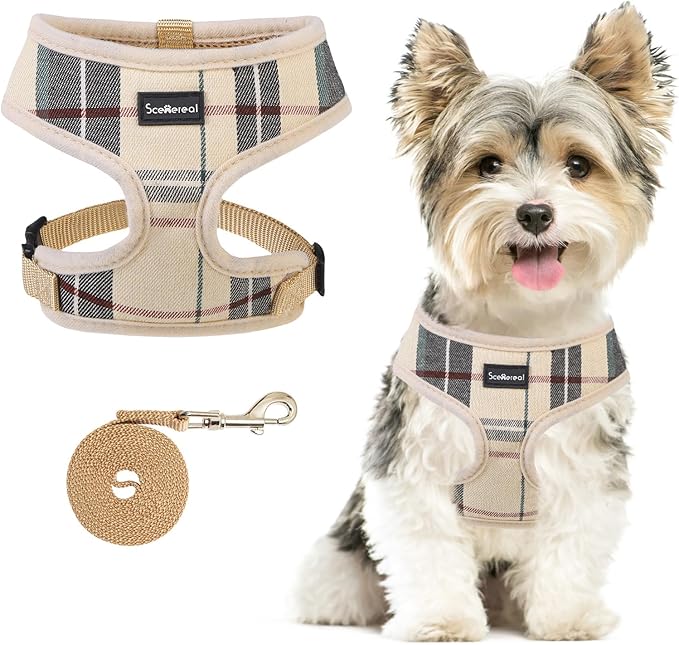 SCENEREAL Puppy Dog Harness with Leash Set for Small Medium Dogs, Soft Mesh Pet Harnesses and Leash, No Chock Plaid No Pul...