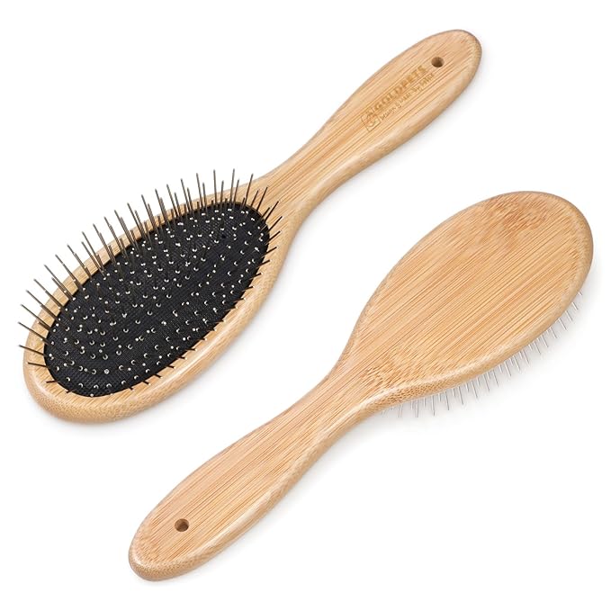 cobee Stainless Steel Pin Dog Brush, Bamboo Handle Grooming Brush 20mm Round Pins Airbag Pet Comb Professional Dog Pin Bru...