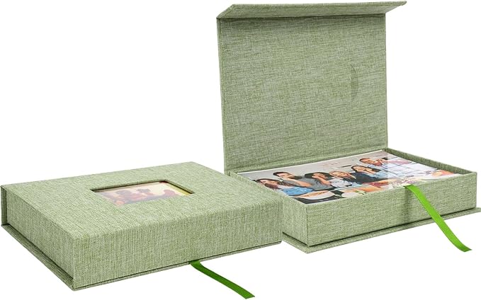 Hiwhy Linen Photo Storage Box, 5 x 7 Inch Memory Keepsake Organizer with Transparent Window, Stylish Photo Box for Storing...