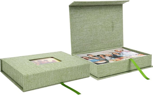 Hiwhy Linen Photo Storage Box, 5 x 7 Inch Memory Keepsake Organizer with Transparent Window, Stylish Photo Box for Storing...