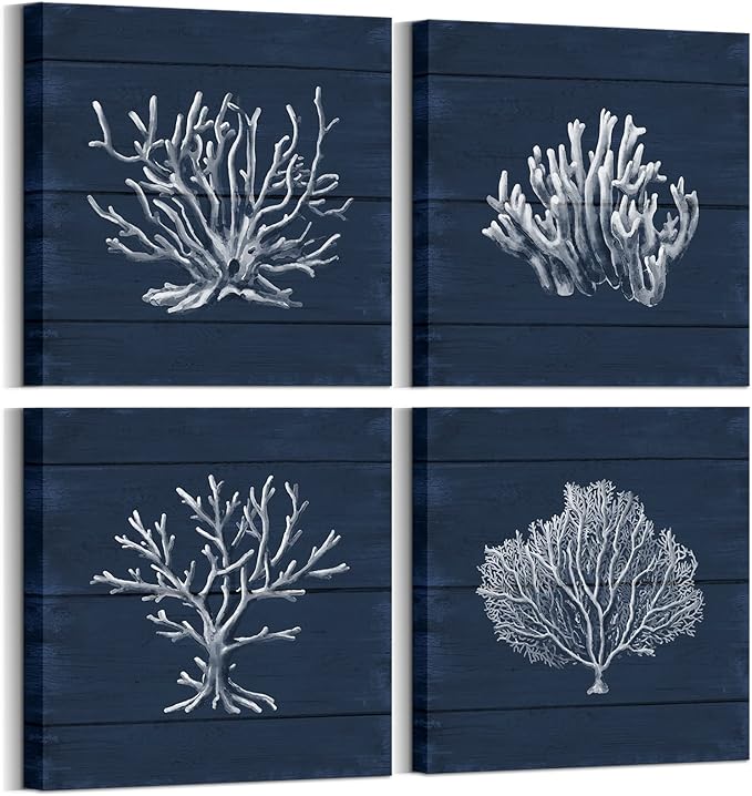 HOMEOART Coral Canvas Wall Art Prints Ocean Navy Blue Coastal Artwork Beach Home Decor Picture Framed Ready to Hang 12"x1...