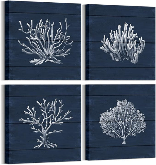 HOMEOART Coral Canvas Wall Art Prints Ocean Navy Blue Coastal Artwork Beach Home Decor Picture Framed Ready to Hang 12"x1...