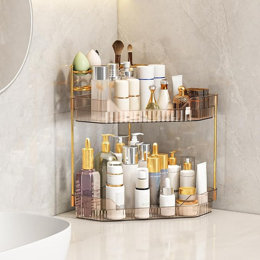 ZZWILLB Corner Bathroom Counter Organizer with Makeup Brush Holder & Toothbrush Holders, Makeup Organizer for Vanity Count...