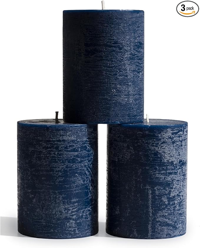 CANDWAX 3x4 inch Pillar Candles Set of 3 – Unscented Dripless Rustic Dark Blue Candles for Room Decor, Weddings, Centerpieces
