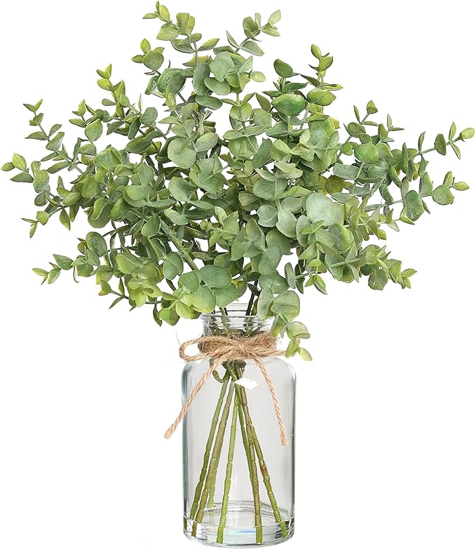 Zheart Fake Eucalyptus Stems in Glass Vase with Faux Water,14" Artificial Plants Eucalyptus Leaves for Shelf Desk Bathroom...