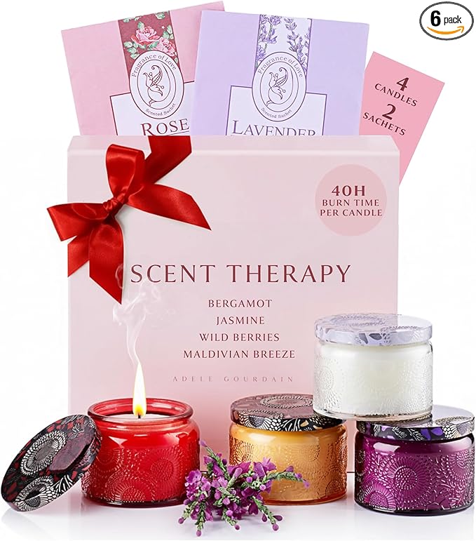 ADELEGOURDAIN Aromatherapy Candle Set, 4 Candles and 2 Sachets Multicolor – Stress-Relief Scented Candles for Women, Spa V...