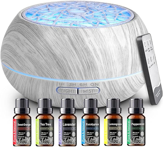 550ml Large Capacity Essential Oil Diffuser 6 Essentil Oil Set Aromatherapy Ultrasonic Air Humidifier with Timer and 7 Col...