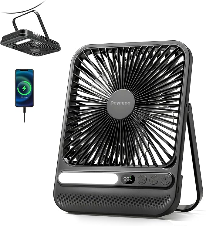 Deyagoo Travel Fan,7-Inch Camping Fan, Rechargeable Fan, 28H 10000mAh Ultra-Thin Quiet USB Desk Fan with Timer & LED Displ...