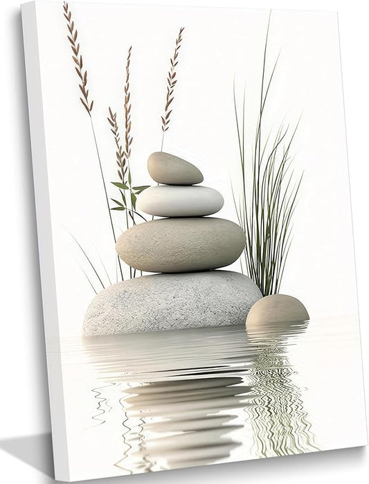 KBIERQN Zen Stone Canvas Wall Art Stacked Stones in Water Poster Print Tranquil Wild Grass Painting Picture for Spa Yoga M...