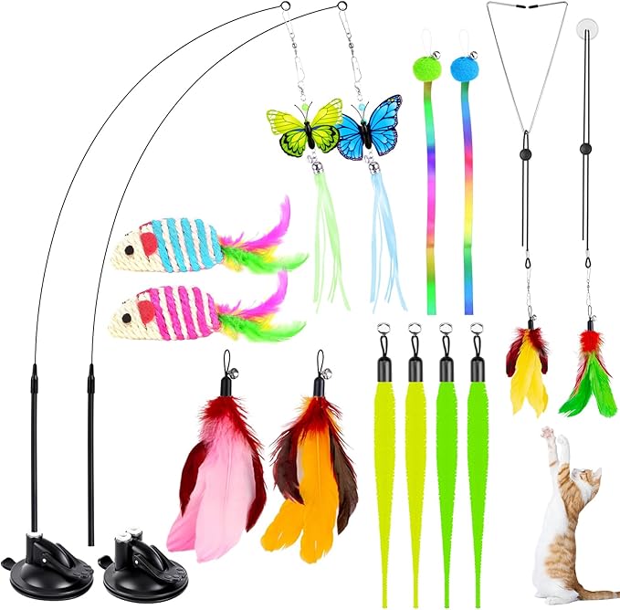 HONGDDY Cat Toys for Indoor Cats, 14Pcs 4 in 1 Cat Interactive Toys, Hanging Door Kitten Wand with Suction Cup Removable F...