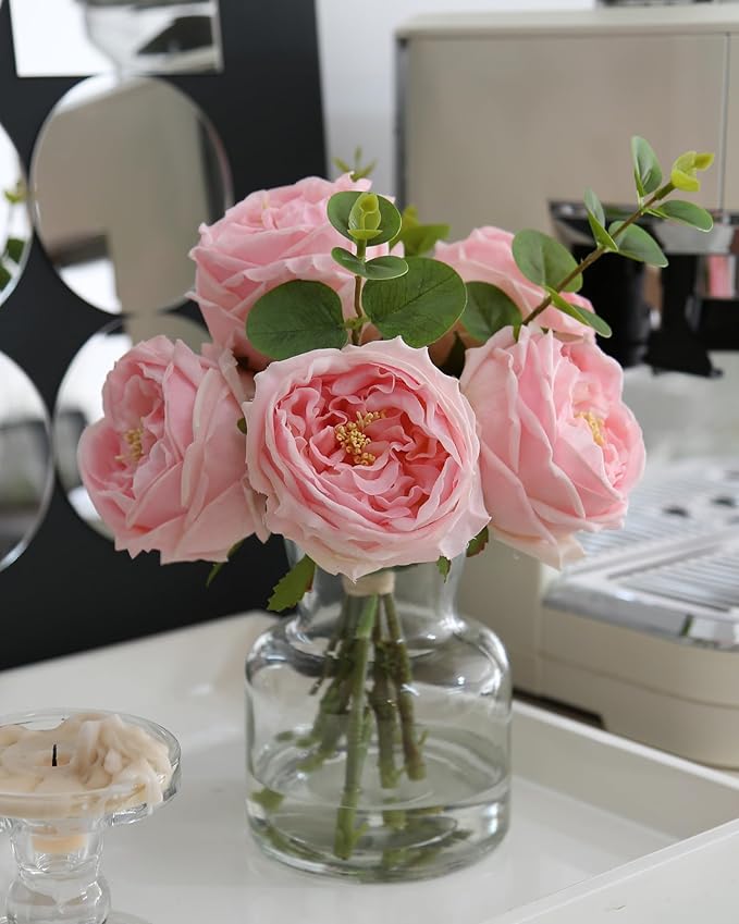 CHASMILE Artificial Flowers with Pink Roses in Vase, Lifelike Fake Flowers in Vase, Faux Flower Arrangements for Dining Ta...