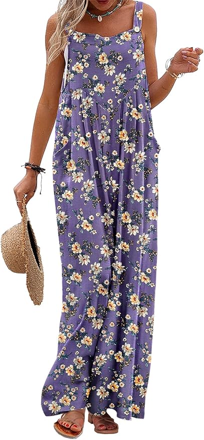 YESNO Women's Summer Casual Overalls Loose Wide Leg Jumpsuits Boho Floral Printed Baggy Rompers with Pockets PZH