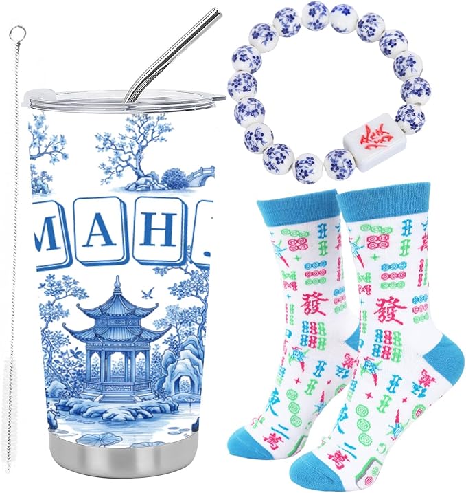 Koazava 4 Pcs Mahjong Gifts Set, Stainless Steel Tumbler Socks Bracelet Gift Box Set for Women Man, Mahjong Party Accessor...