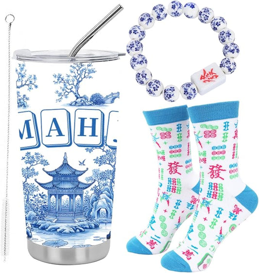 Koazava 4 Pcs Mahjong Gifts Set, Stainless Steel Tumbler Socks Bracelet Gift Box Set for Women Man, Mahjong Party Accessor...