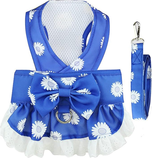BAEJMJK Dog Dress Harness and Leash Set for Small Dogs Floral Bow Tie Girl Puppy Dress Breathable Cute Princess Dog Dresse...