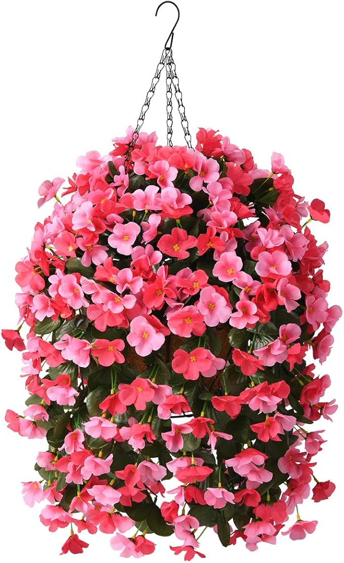 INQCMY Artificial Hanging Flowers Basket for Outdoors Spring Summer Decoration,Faux Silk Begonia in Planter Look Real UV R...