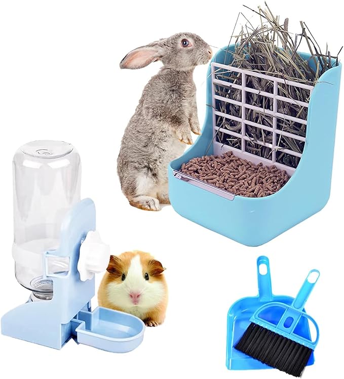 HERCOCCI PET Feeder and Water Bottle Set, Large Blue (500ml), Durable Hay Food Bin Feeder, Food Bowl, Gravity-Fed Water Di...