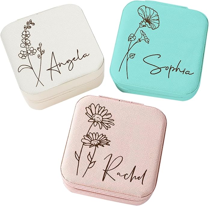 Corissy Personalized Jewelry Box for Women, Custom Travel Jewelry Case with Name and Birth Flower, Leather Jewelry Box for...